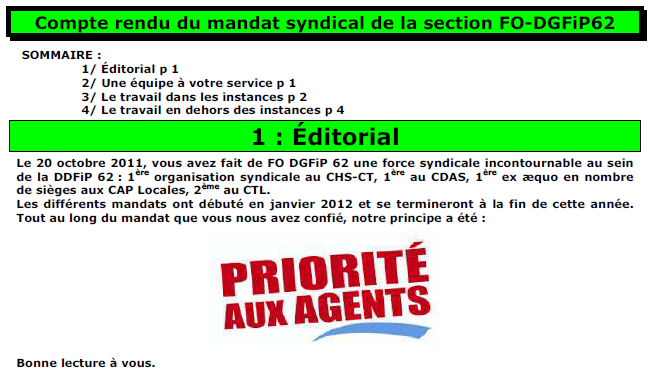 F.O.DGFiP 62, le site de la section du PASDECALAIS du